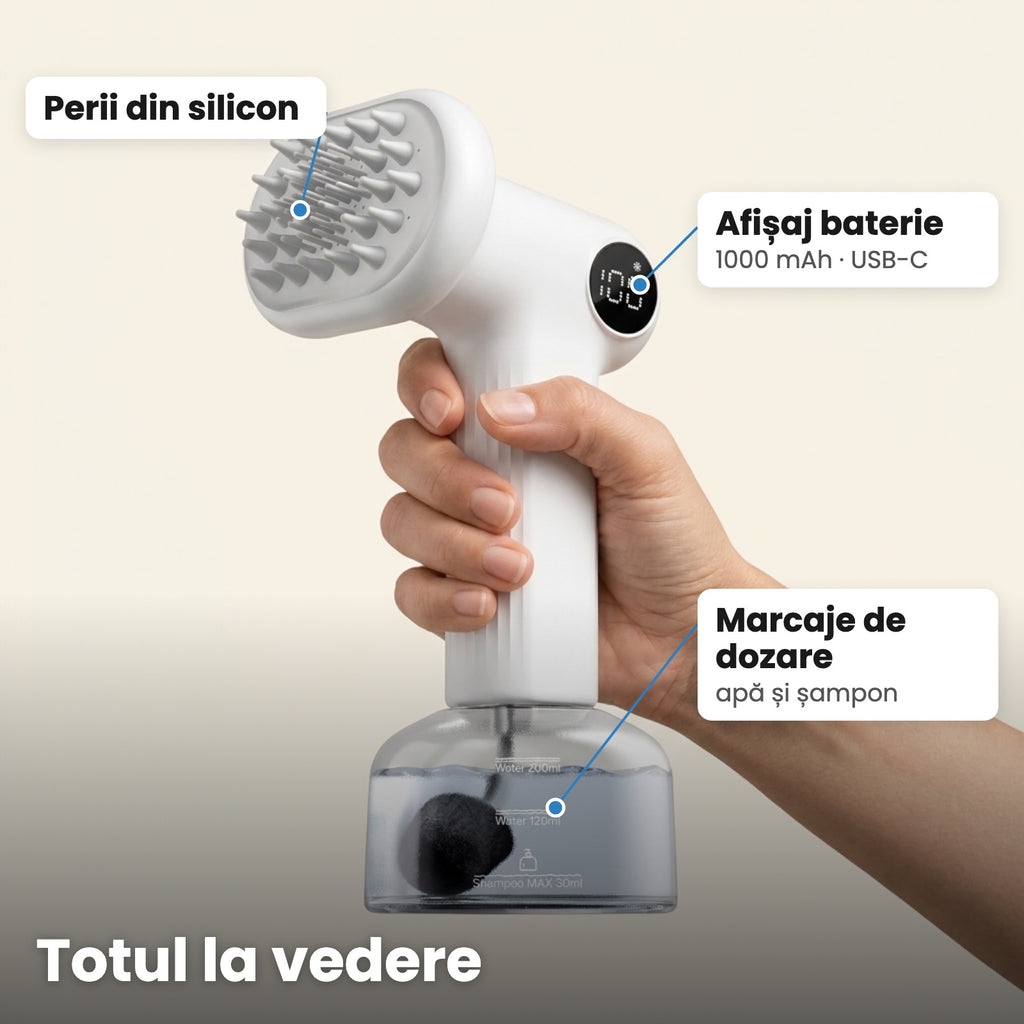 Detalii DogFoam: perii din silicon, afișaj baterie 1000 mAh USB-C, marcaje de dozare