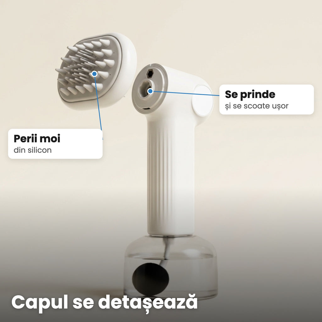 Capul de silicon se detașează: perii moi, se prinde și se scoate ușor