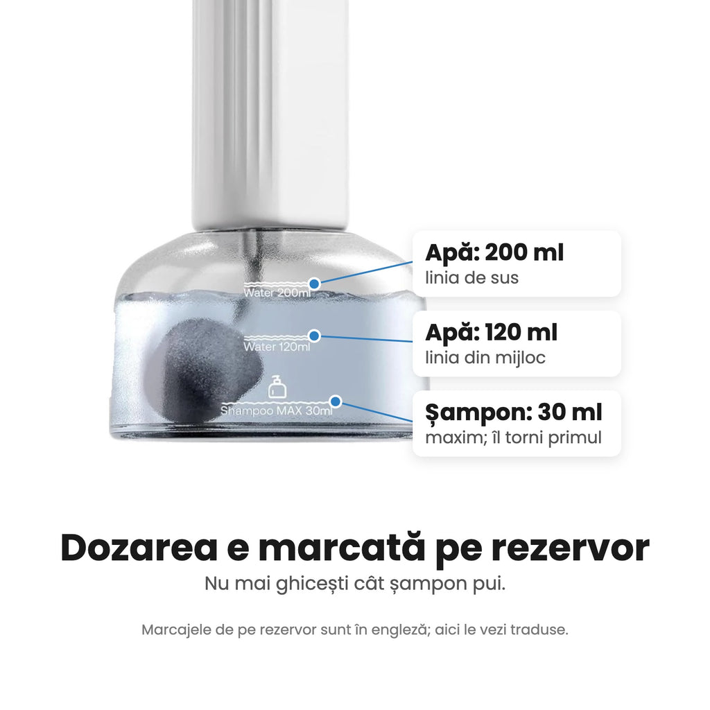 Marcajele de dozare de pe rezervor: apă 200 ml, apă 120 ml, șampon maxim 30 ml