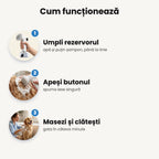 Cum funcționează în 3 pași: umpli rezervorul, apeși butonul, masezi și clătești