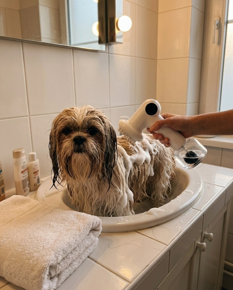 Shih Tzu spălat în chiuvetă cu peria DogFoam