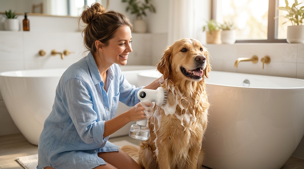 Femeie spălând un golden retriever cu peria DogFoam
